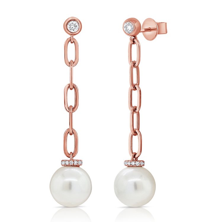 Diamond & Dangling Pearl Drop Link Earrings