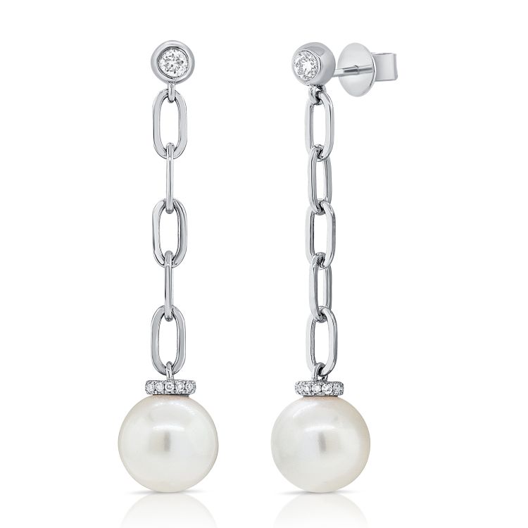 Diamond & Dangling Pearl Drop Link Earrings