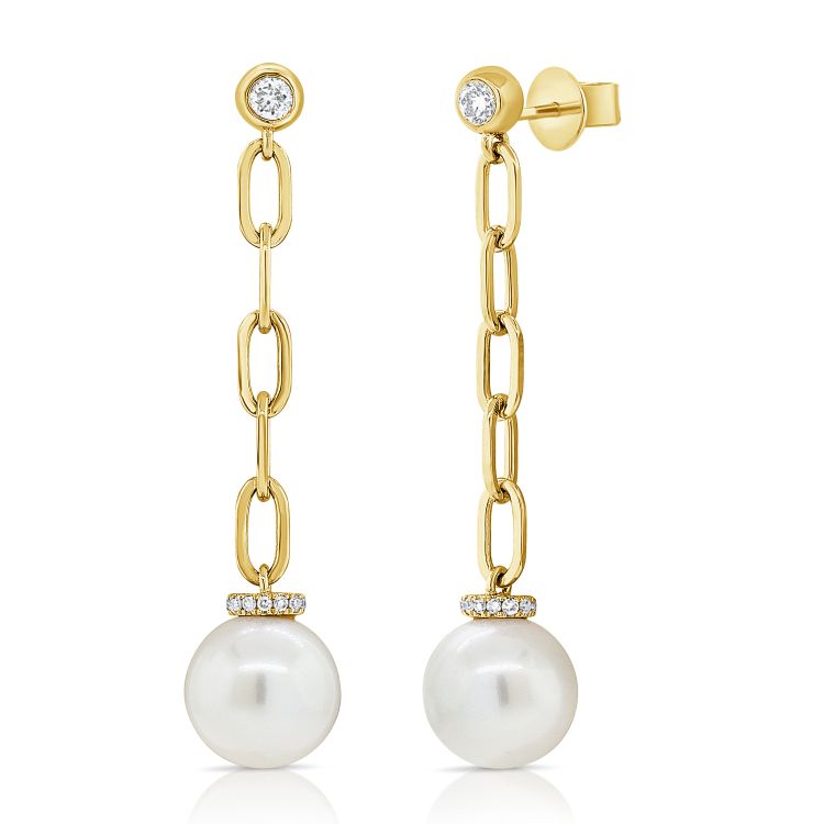 Diamond & Dangling Pearl Drop Link Earrings