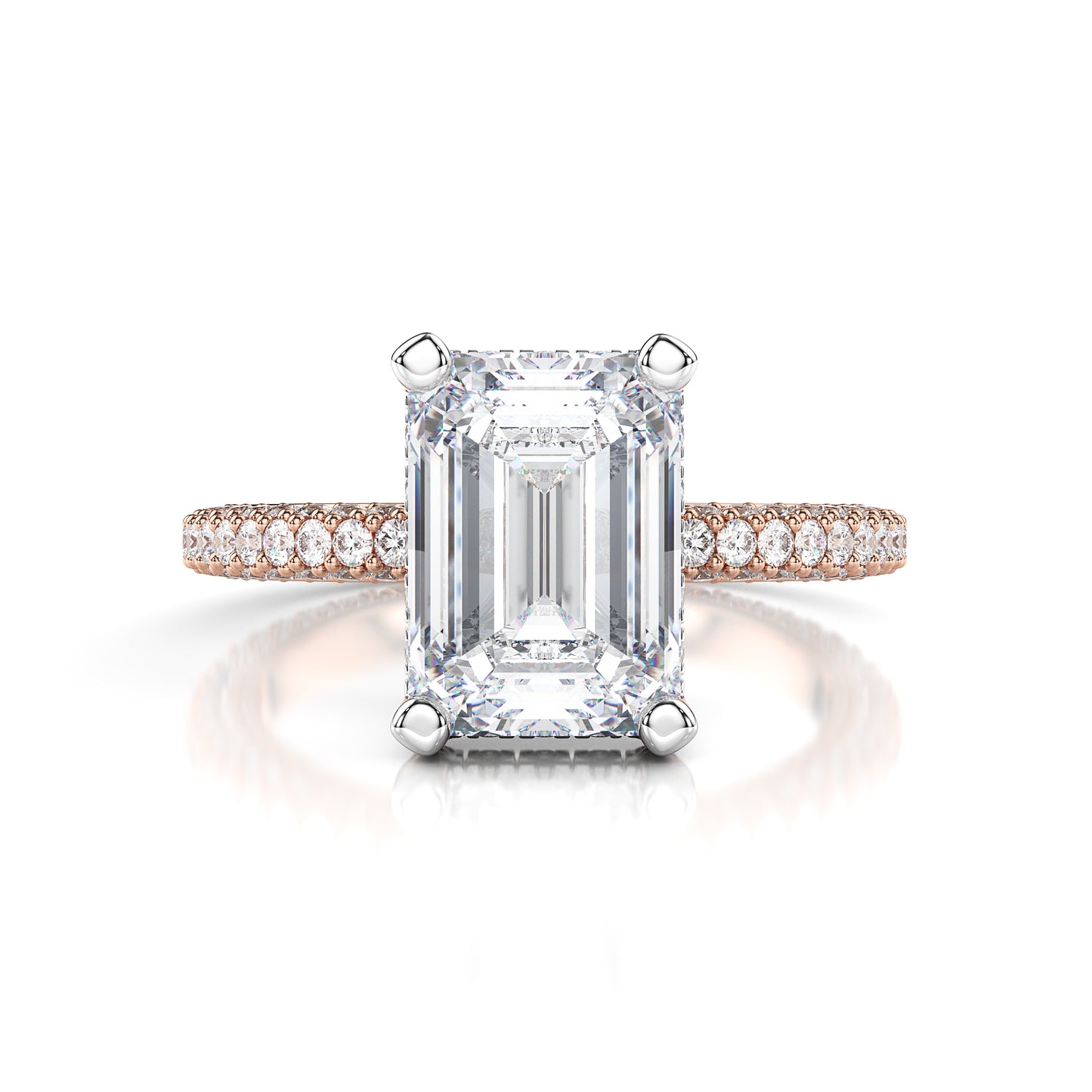 Bague de fiançailles taille émeraude avec anneau pavé à 3 rangs