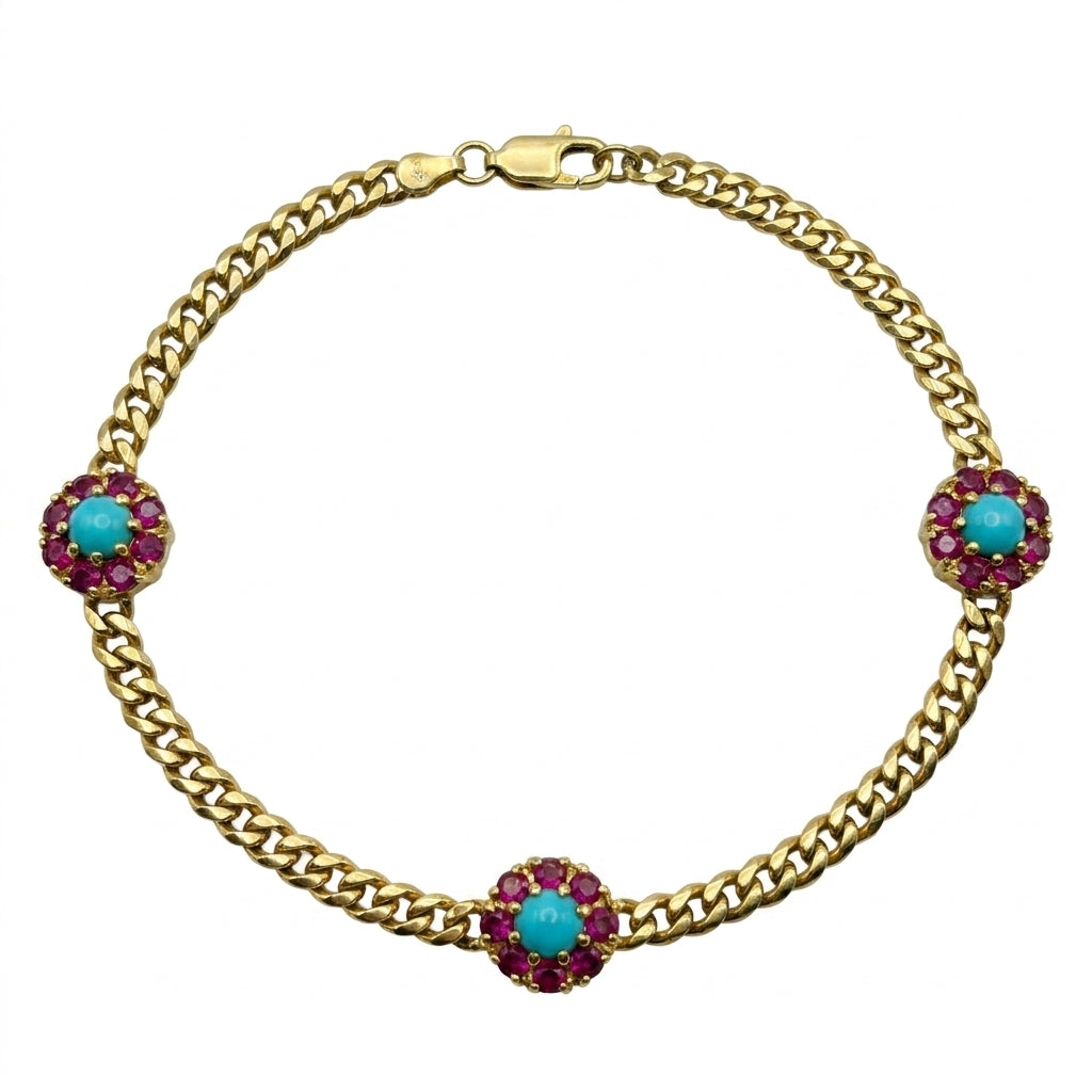 Station Turquoise & Red Ruby Flower Bracelet