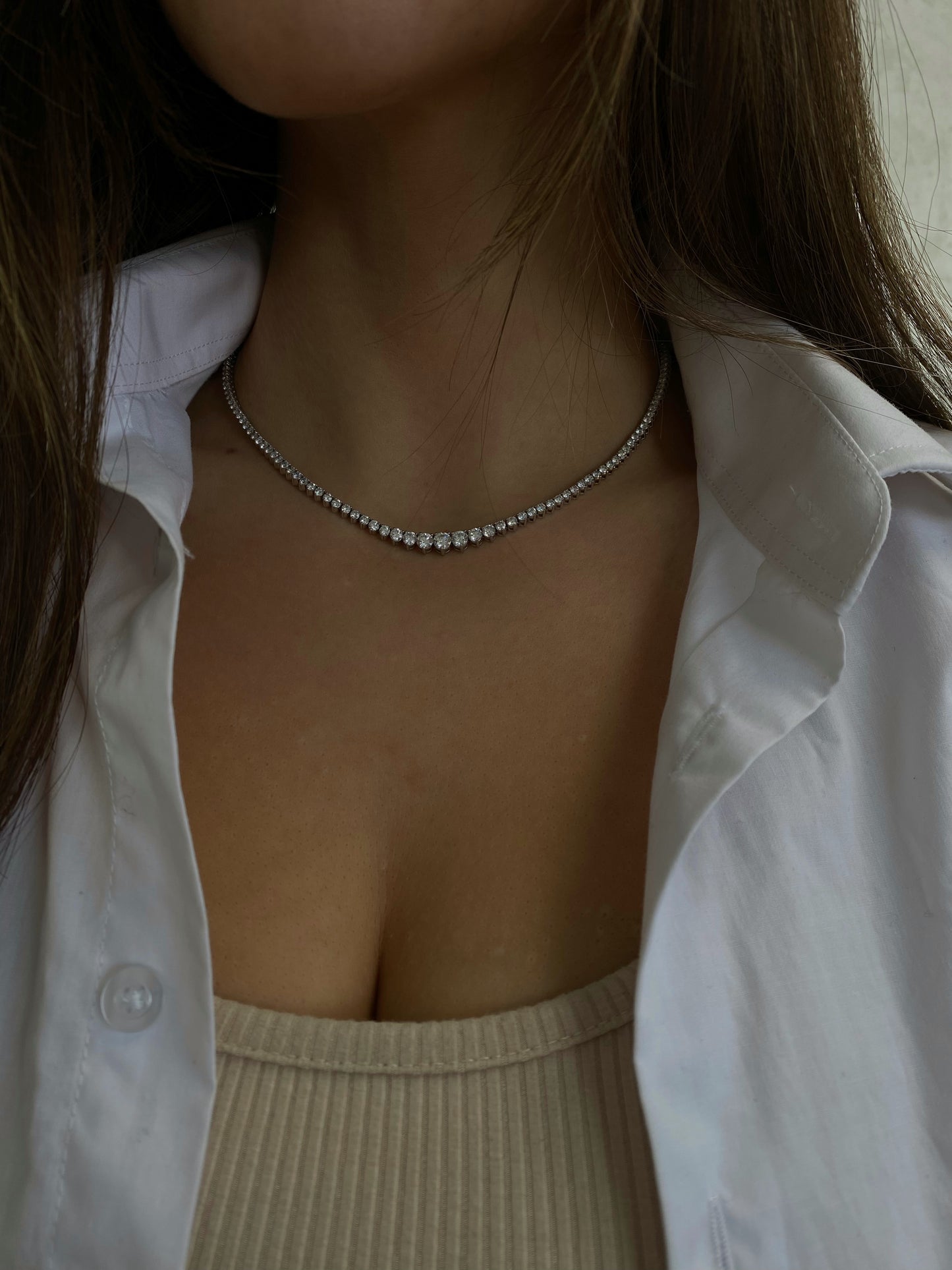 Lab Diamond Graduating Half Way Tennis Necklace