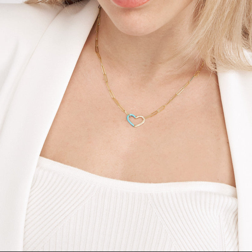 Split Turquoise Enamel and Diamond Heart Necklace