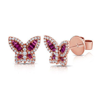 Petits clous d'oreilles papillon baguette rubis et diamants