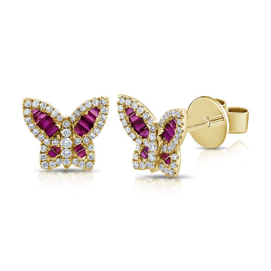 Petits clous d'oreilles papillon baguette rubis et diamants