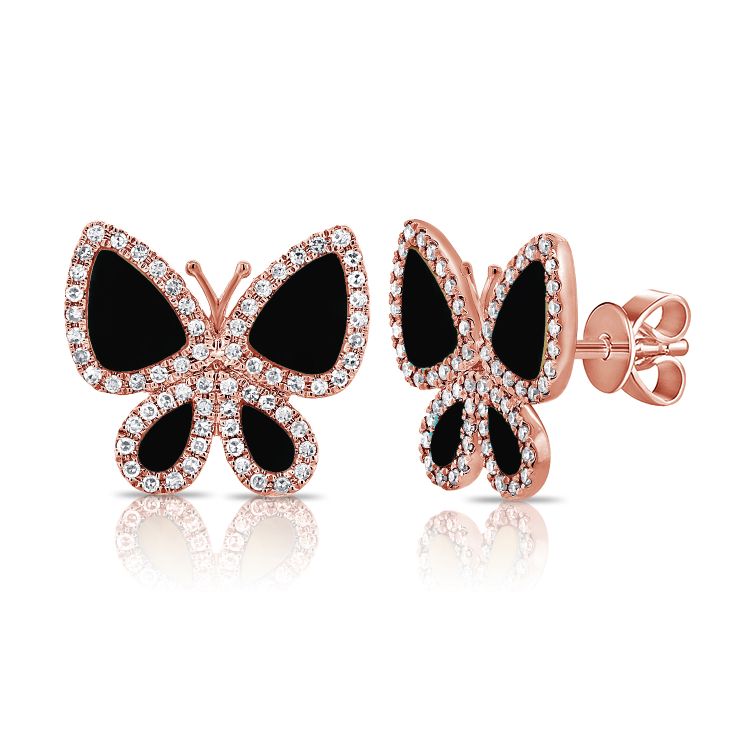 Clous d'oreilles papillon en agate noire et diamant