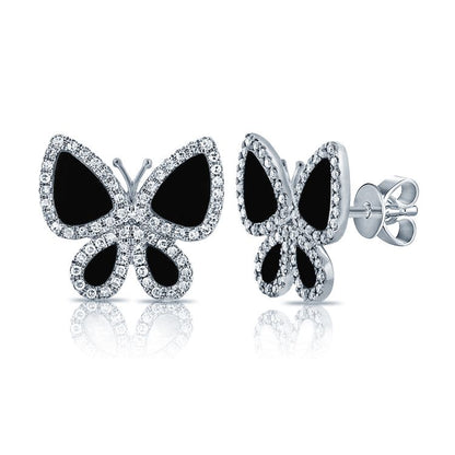 Clous d'oreilles papillon en agate noire et diamant