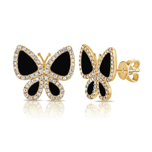 Black Agate and Diamond Butterfly Studs