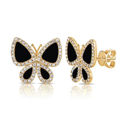 Clous d'oreilles papillon en agate noire et diamant