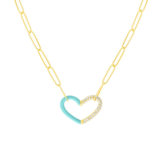 Collier cœur fendu en émail turquoise et diamants