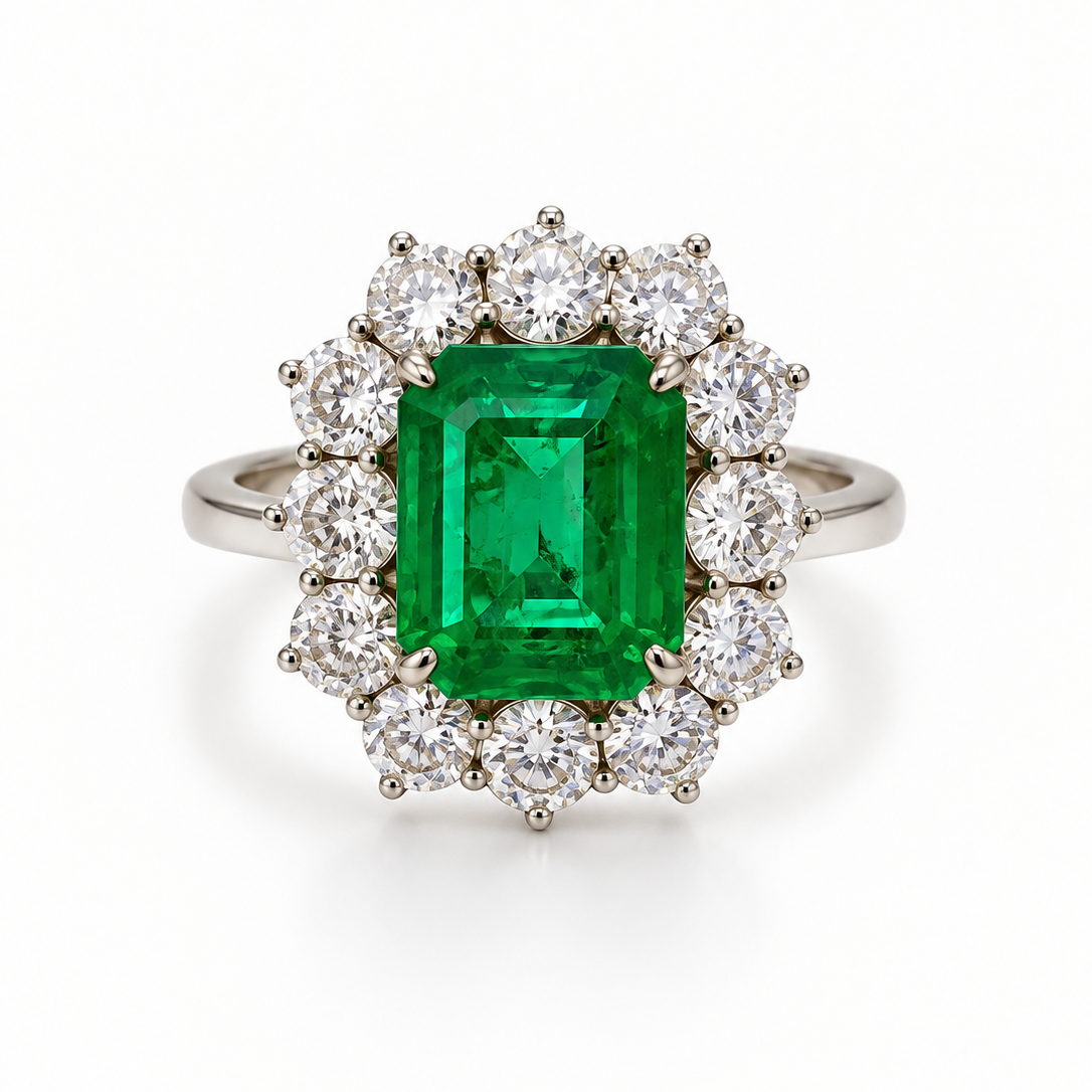 Vintage Colombian Emerald & Diamond Halo Ring
