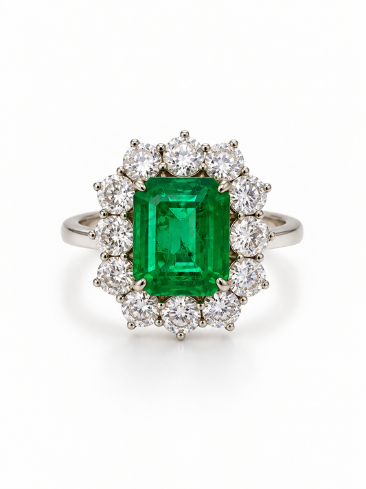 Vintage Colombian Emerald & Diamond Halo Ring