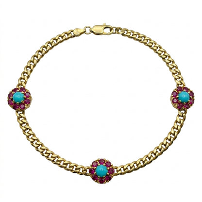 Station Turquoise & Red Ruby Flower Bracelet