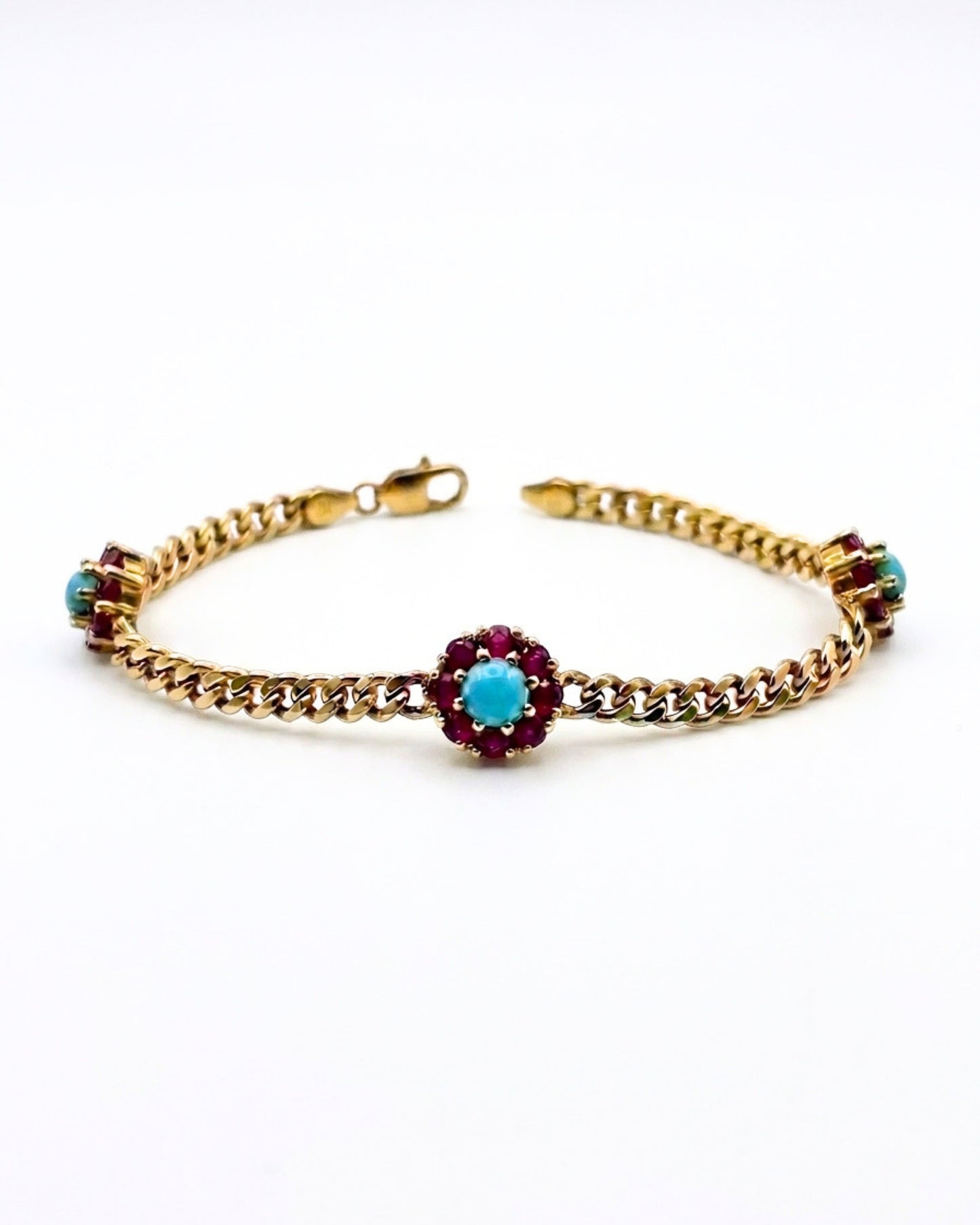 Station Turquoise & Red Ruby Flower Bracelet