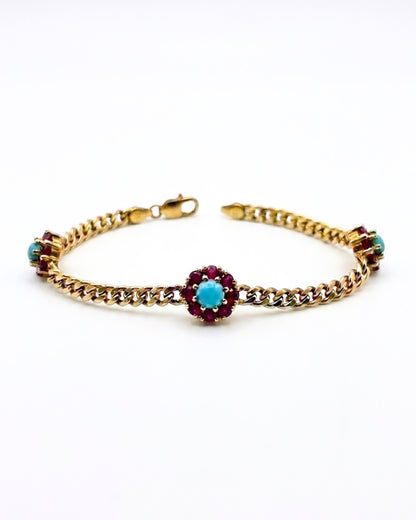 Station Turquoise & Red Ruby Flower Bracelet